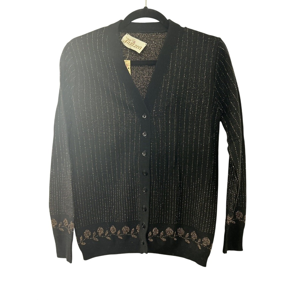 Vintage Jantzen Womens Black Gold Metallic Pinstripe Floral Cardigan Sweater S